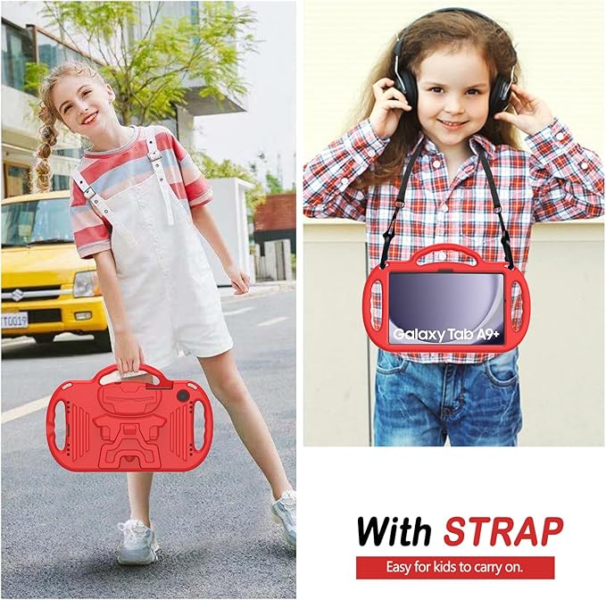 AVAWO Kids Case for Samsung Galaxy Tab A9+/A9 Plus 11 Inch 2023 Case, with Strap, Shockproof Lightweight Handle Stand 2023 Model (SM-X210/X216/X218) with Lanyard, Red