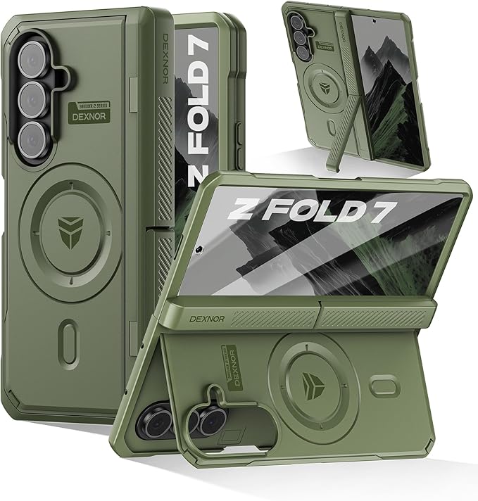 Dexnor Magnetic for Samsung Galaxy Z Fold 7 Case with Dual Kickstands & Front Screen Protector & Hinge Protection, Compatible with MagSafe, Full-Body Rugged Protective Cover Bumper Cases,Army Green