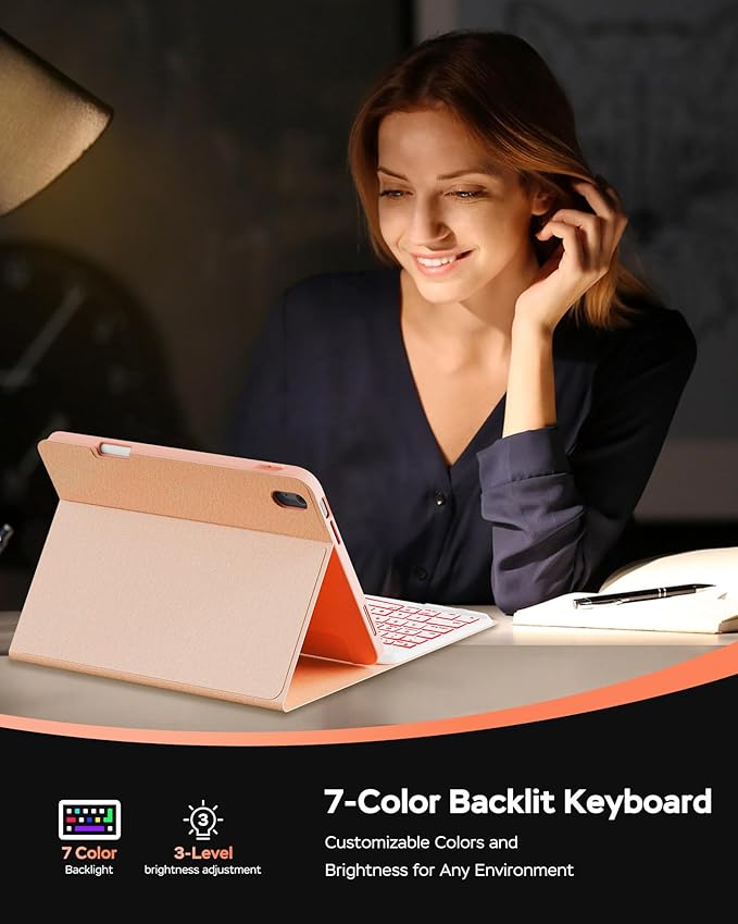 Folio Keyboard Case for iPad 10th Gen 10.9 inch (2022) and iPad 11th (A16, 2025), Magnetic Wireless Detachable Keyboard, 7-Color Backlight, Thin & Light, Pencil Holder (Pink)