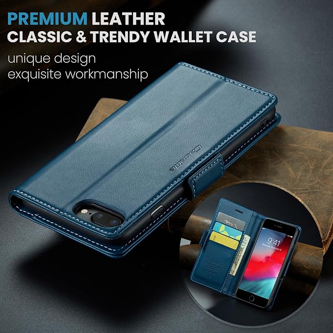 for iPhone 8 Plus & 7 Plus Case, Premium PU Leather Wallet Case Flip Cover with [RFID Blocking][Card Holder][Stand Function] Shockproof Protective for iPhone 8 Plus & 7 Plus, Blue