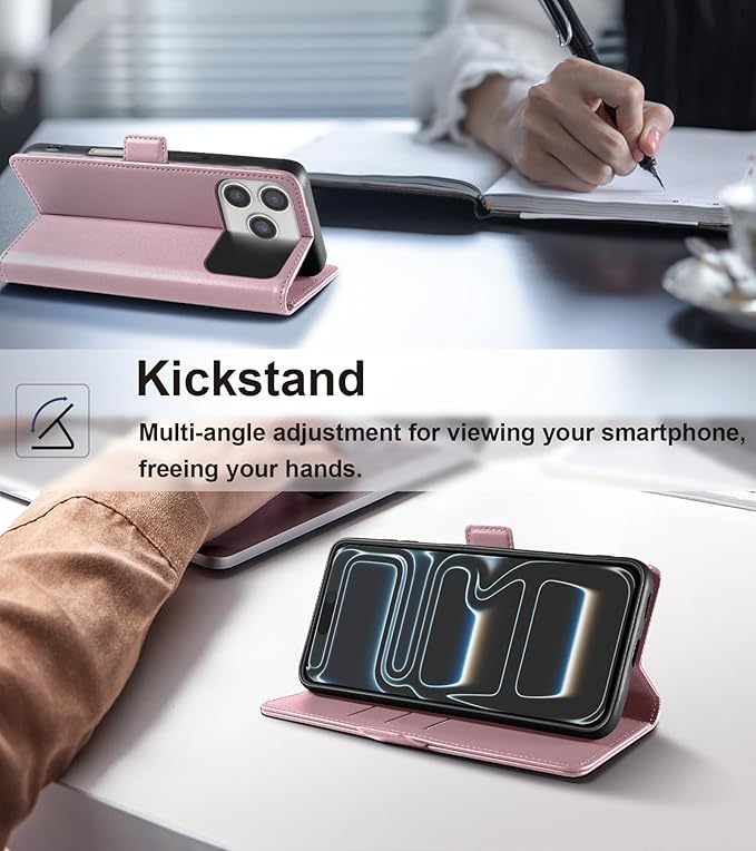 Wallet Flip Case for iPhone 17 Pro 5G - [RFID Blocking] Luxury PU Leather Card Holder Magnetic Phone Cover with Kickstand,Shockproof Protective Case,Pink