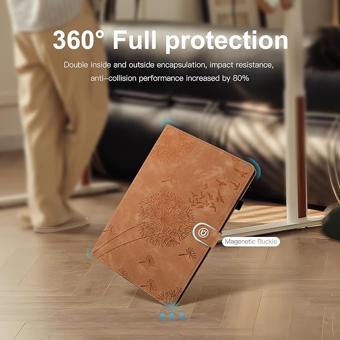 Dandelion Cover for Galaxy Tab A9 Plus Case (SM-X210/X216/X218, 11 Inch 5G), Artsy Design, Premium Faux Leather Made, Card Slots, Kickstand, Brown