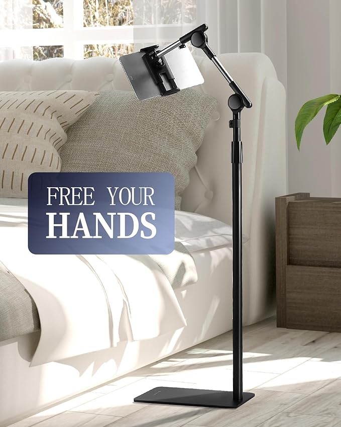 SHUWEI Tablet Floor Stand with Tray and Double Self-Locking Worm Gears, 63”Height Adjustable Floor Stand with 7.5lb Stable Base, Compatible with 4.7-15.6'' iPad, Kindle, Phone