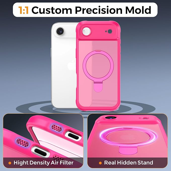 MOCCA Compatible with iPhone Air Case with Magnetic Invisible Stand [Full Camera Protection] [Compatible with Magsafe] Military Drop Shockproof Translucent Matte Phone Case Cover 6.5",Hot Pink