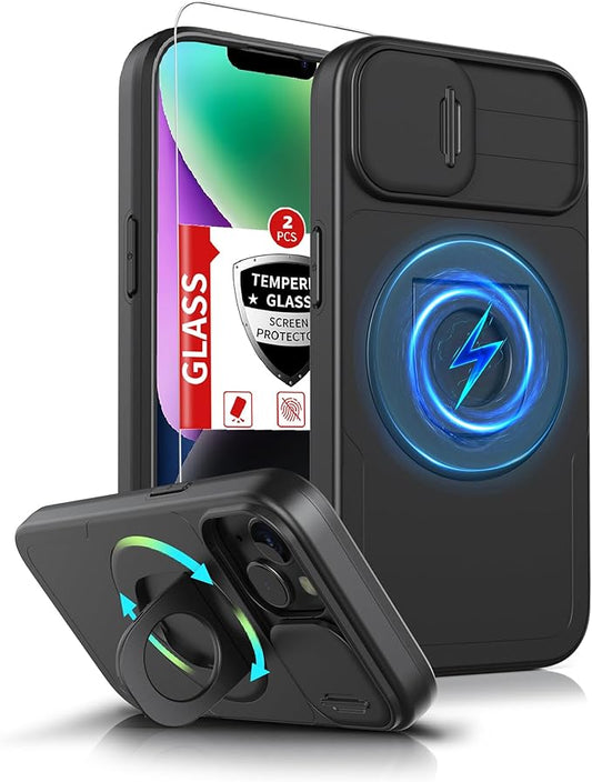 for iPhone 13 Case/for iPhone 14 Case Compatible with MagSafe Magnetic,with 2 Screen Protectors,with Camera Cover+Stand Ring,Military Grade Shockproof Heavy Duty Protection Phone Bumper Black