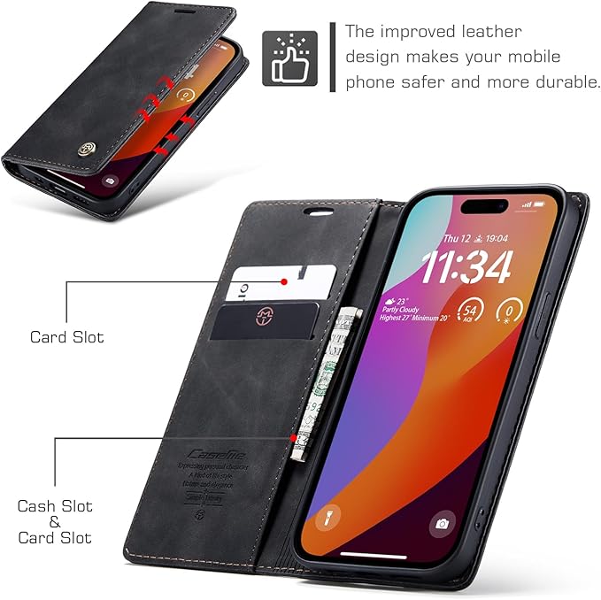 for iPhone 15 Pro Case, Flip Wallet Leather Case with Card Holder Magnetic Closure Shockproof Kickstand Protective Phone Cases Cover for iPhone 15 Pro, Black