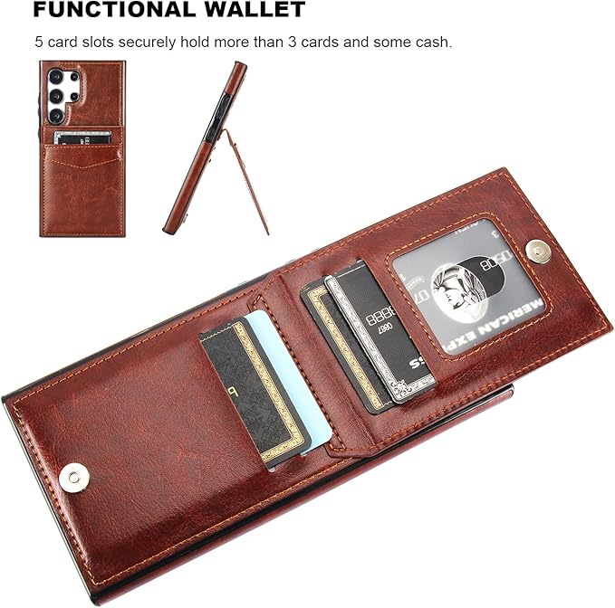 KIHUWEY for Samsung Galaxy S24 Ultra Case Wallet with Credit Card Holder, Flip Premium Leather Magnetic Clasp Kickstand Heavy Duty Protective Cover for Samsung Galaxy S24 Ultra 6.8" (Brown)