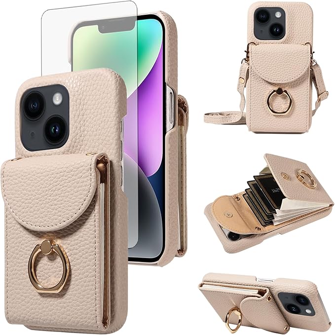 for iPhone 14 6.1 inch Organ Wallet Case with Tempered Glass Screen Ring Buckle Shoulder Strap PU Leather Flip Purse Card Holder Stand Phone Cover for iPhone14 5G i i-Phone i14 14Case White