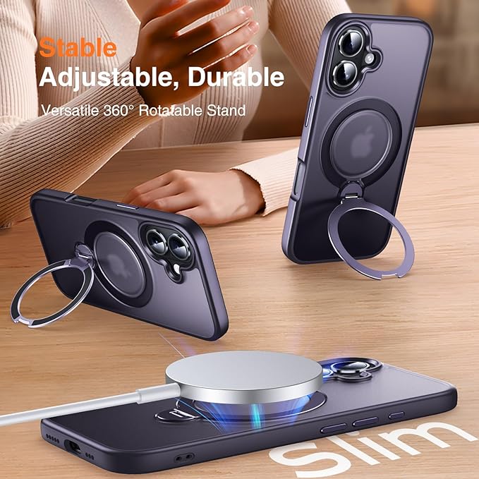 360° O-Ring MagStander for iPhone 16 Case with Magnetic Kickstand Ring Holder [Compatible with MagSafe][360°Rotate Stand Ring][Military Shockproof] Magnet iPhone 16 Phone Cover Matte Purple