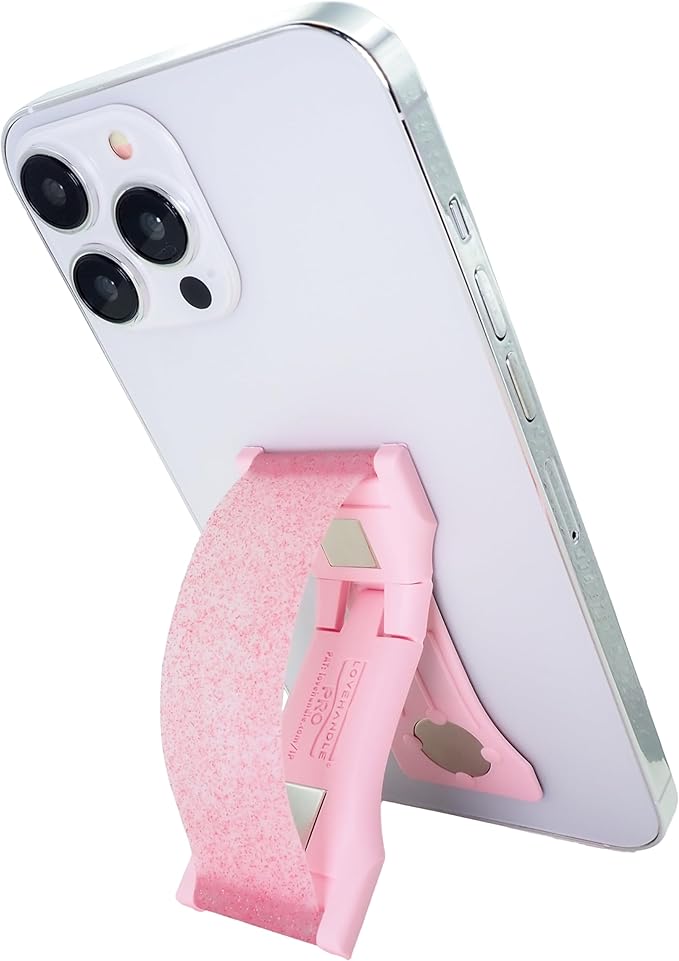 LOVEHANDLE PRO Premium Phone Grip - Silicone Phone Strap - Magnetic Phone Mount and Kickstand for Smartphone and Tablet - Pink Diamond Glitter Silicone