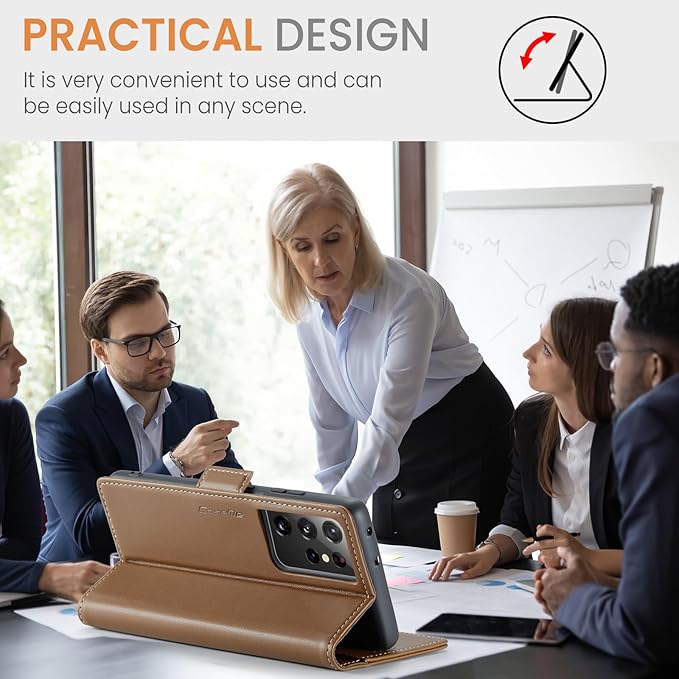 AUPAI for Samsung Galaxy S21 Ultra Wallet Case with Credit Card Holder, PU Leather RFID Blocking Folio Flip Kickstand Magnetic Clasp Protective Phone Cover for Women Men Brown