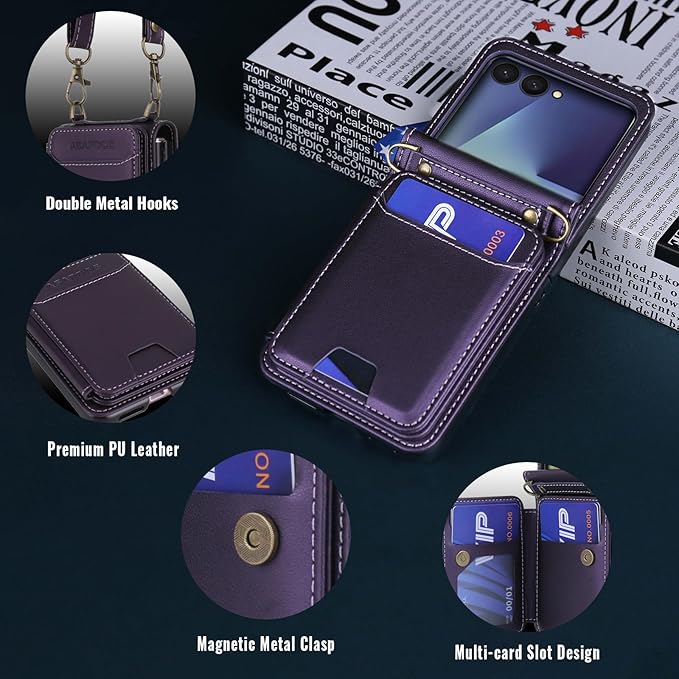ASAPDOS for Samsung Galaxy Z Flip 7 PU Leather Wallet Phone Case with Card Slots (Holds 5 Cards), Anti-Drop Protection, Wrist & Shoulder Strap Purple