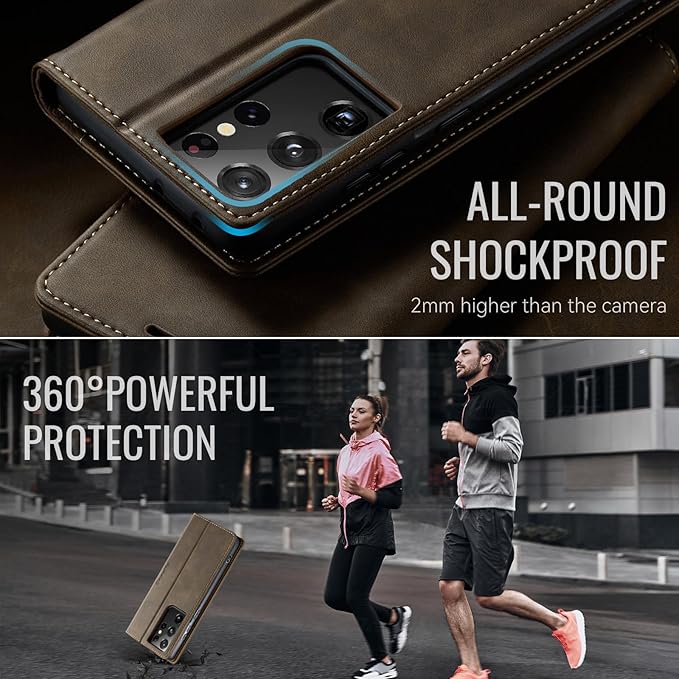 Wallet Case for Samsung Galaxy S21 Ultra Leather Wallet Flip Cover with Card Holder, Kickstand, Magnetic Closure, RFID Blocking TPU Shockproof Phone Case Compatible with S21 Ultra, Coffee