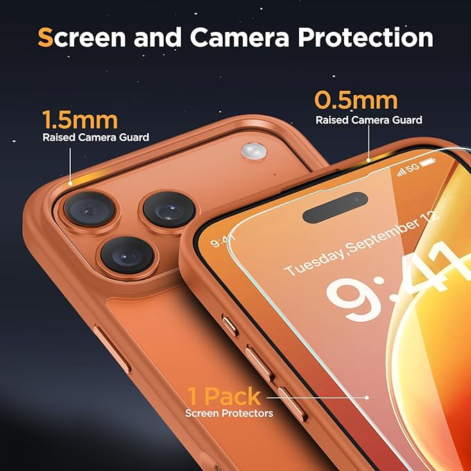Miracase Magnetic for iPhone 17 Pro Max Case with Screen Protector [Compatible with MagSafe] Slim Thin Phone Case Military-Grade Protected for 17 ProMax Cover Bumper 6.9", Orange