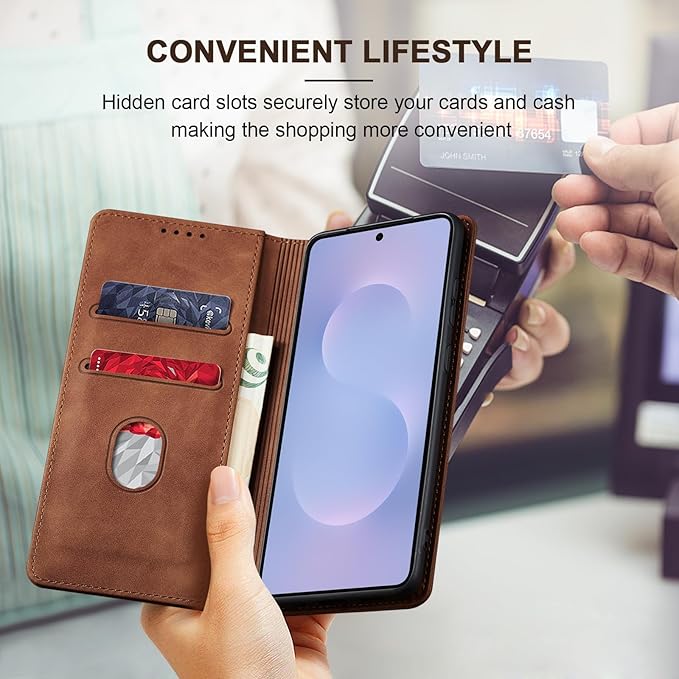 Jasonyu Flip Wallet Case for Samsung Galaxy S25 Edge 5G,Leather Magnetic Folio Cover with Card Holder,Kickstand - TPU Shockproof Durable Protective Phone Case,Brown