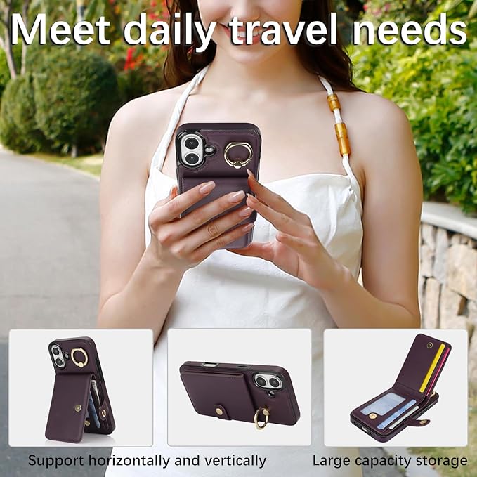 Compatible iPhone 16 Wallet Case with Card Holder RFID Blocking PU Leather Doubles as a Wallet Unisex Flip Shockproof Protection with Card Slots Ring Wrist Kickstand Function,Purple