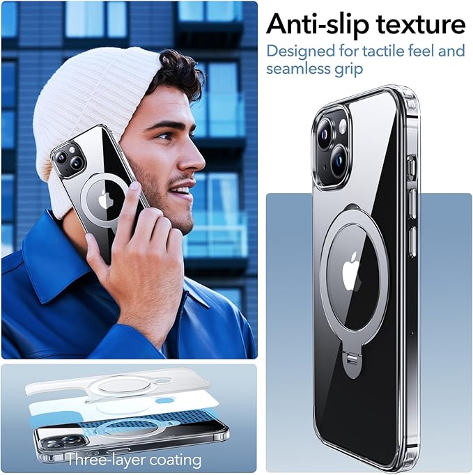 Anqrp 360° All-in-ONE Crystal Clear Case for iPhone 14/13 with Rotatable Magnetic Stand, Compatible with Mag-Safe, Anti-Yellowing Transparent MIL-Grade Shockproof Phone Case Cover for iPhone 14/13