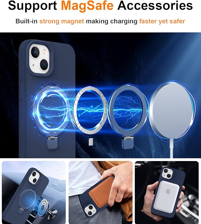 ZHK Liquid Silicone Designed for iPhone 15 Case with Magnet Stand, [Mil-Grade Drop Shockproof][Soft Anti-Scratch Microfiber Lining] Slim Fit Cover, Navy Blue