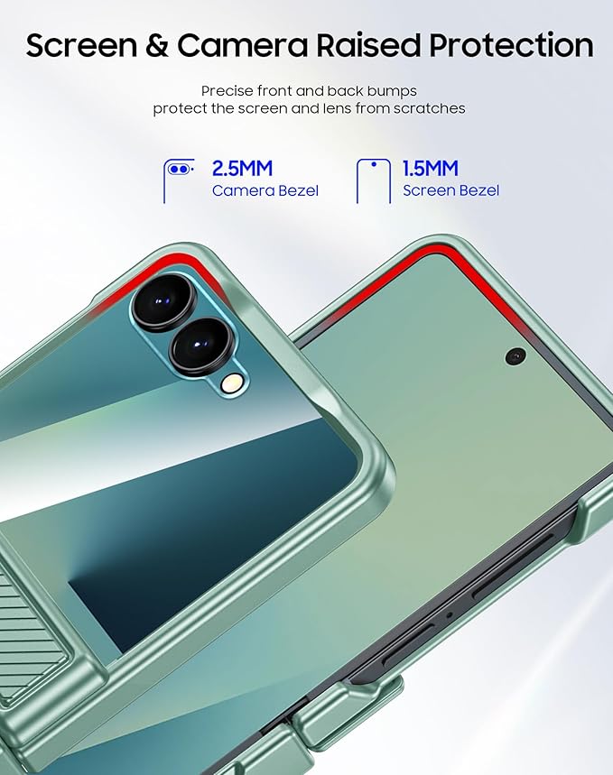 CENMASO for Samsung Galaxy Z Flip 7 Case with Card Holder [RFID Blocking] & Hinge Protection & HD Screen Protector, Rugged Anti-Scratch Full-Body Shockproof Phone Case for Z Flip 7-Mint Green