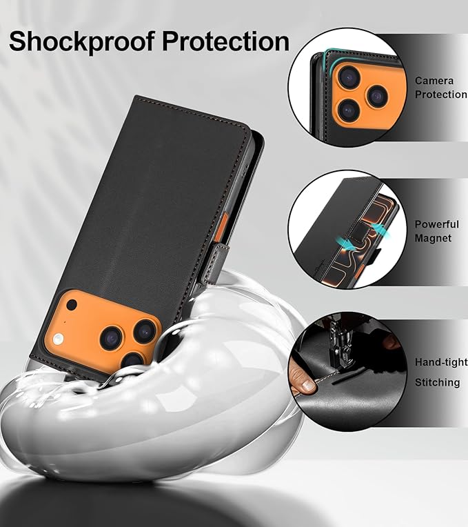 Wallet Flip Case for iPhone 17 Pro Max 5G - [RFID Blocking] Luxury PU Leather Card Holder Magnetic Phone Cover with Kickstand,Shockproof Protective Case,Black