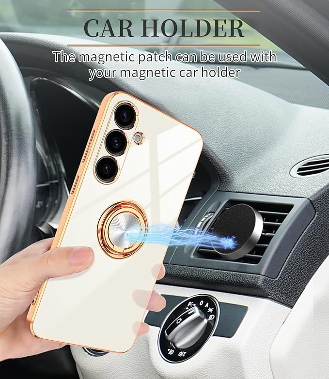 Dinick White for Samsung Galaxy S24+ Case with Ring Holder Kickstand [with Magnetic] Soft TPU Bumper, Glitter Gold Electroplated Cover Slim Thin Protective Phone Case for Galaxy S24 Plus