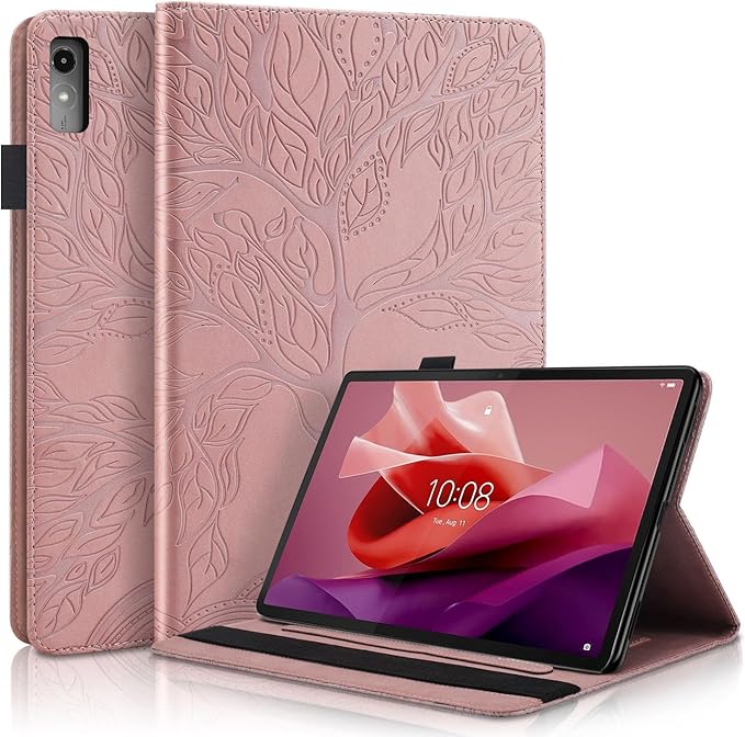 Case for Lenovo Tab P12 12.7 Inch 2023, PU Leather Cover Lightweight Flip Stand Shell with Elastic Band & Card Holder for Lenovo Tab P12 SM-TB370FU/TB371FC-Rose Gold