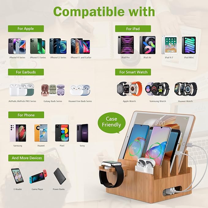 Pezin & Hulin Bamboo Charging Stand, Dock Organizer for Multi Devices, Cell Phone, Tablets, Smart Watch, with Pack 5 Cables, No Power Charger Block