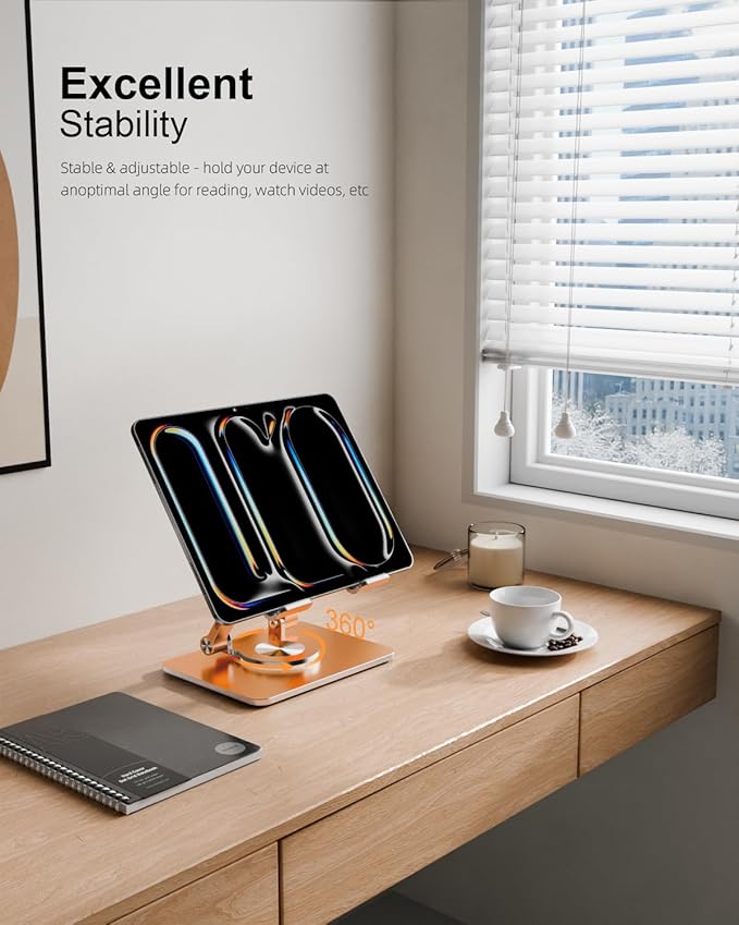 Tablet Stand Holder with Thickened 360°Rotating Base Dual Rod Adjustable Aluminum Stand for All 5.8-12.9” iPad Samsung Phone Tablet Kindle E-Reader and More, Rose