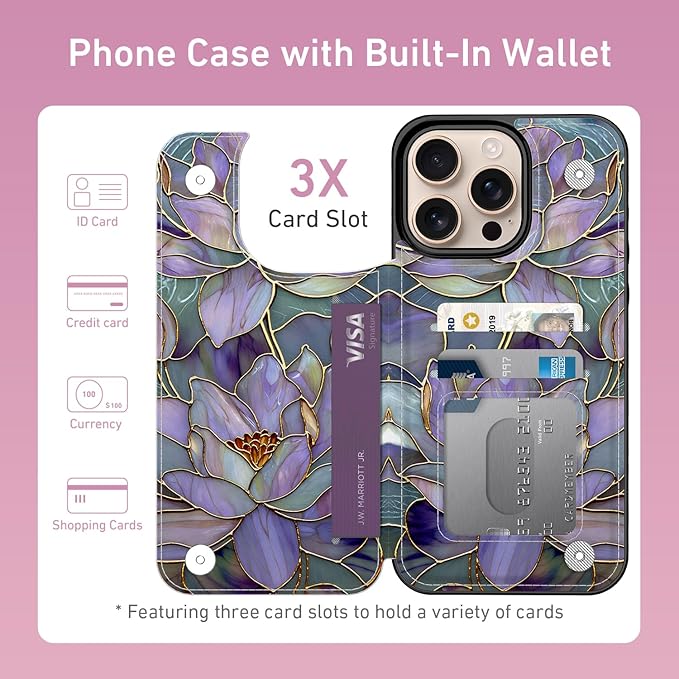 FUNMIKO for iPhone 16 Pro Wallet Case with Card Holder, RFID-Blocking, Military-Grade Protection & UV-Printed Artwork, Magnetic Closure with Leather Kickstand - Dreamy Lotus
