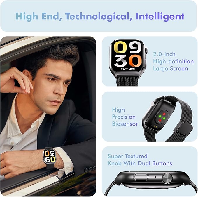 YMS Android Smart Watch for Women - 2.0",IP68 Waterproof Fitness Watches Bluetooth Call (Answer/Call),Heart Rate/Sleep/Pressure/Steps Monitor, Android & iOS,100+ Sports Trackers (Black(Milanese))