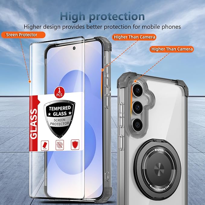 Magnetic for Samsung Galaxy S25 Case Compatible with MagSafe Wireless Charging,with Screen Protector,S25 Phone Case Built-in 360° Kickstand Ring,Shockproof Military Grade Drop Protection Black