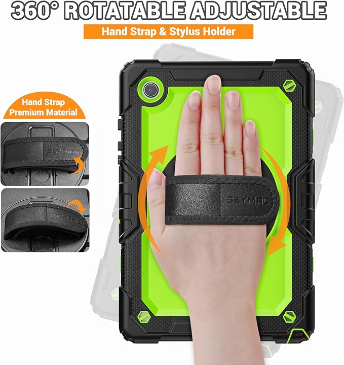 SEYMAC for Samsung Galaxy Tab A8 Case 10.5 Inch (SM-X200/ X205/ X207), Heavy Duty Full-Body Shockproof Protective Case with Screen Protector, Rotating Stand, Hand/Shoulder Strap and Pen Holder, Green