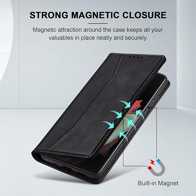 Jasonyu Flip Wallet Case for Samsung Galaxy S21 Ultra 5G,Leather Magnetic Folio Cover with Card Holder,Kickstand - TPU Shockproof Durable Protective Phone Case,Black