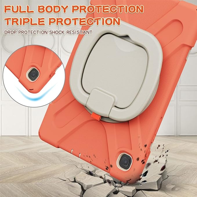 360 Rotation Case for Samsung Galaxy Tab S6 Lite 10.4" Sturdy Cover Rotate Ring Stand Shoulder Carrying Strap Hand Strap Rugged Children Adults Outdoor Case (Orange)