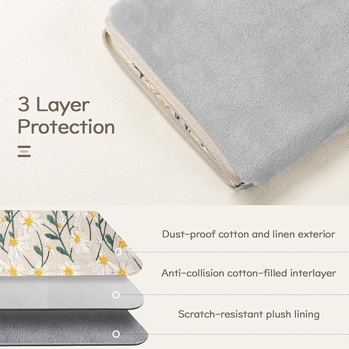 9-11 Inch Embroidered Daisy Padded Carrying Case Protective Tablet Sleeve for iPad A16 11th Gen 11"/10th Gen 10.9", iPad Air 11"/Pro 11"/Air 5th 4th 10.9", Galaxy Tab A9+ Plus 11", Beige