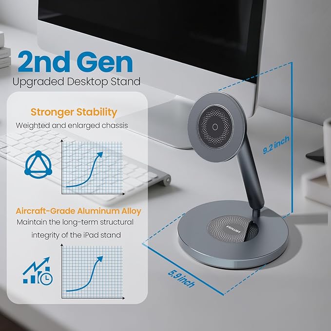 Nillkin Magnetic iPad Stand for Desk, MagSafe Wireless iPhone Charger Stand, 360° Rotating Base, Adjustable Aluminum Tablet Holder for Work, Office, Home, Kitchen Use