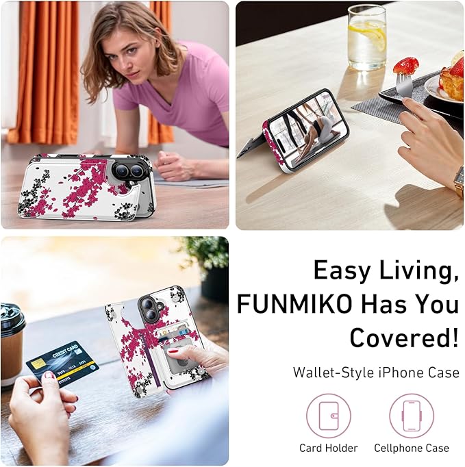 FUNMIKO for iPhone 16 Plus Wallet Case with Card Holder, RFID-Blocking, Military-Grade Protection & UV-Printed Artwork, Magnetic Closure with Leather Kickstand - Dramatic Blossom Drift
