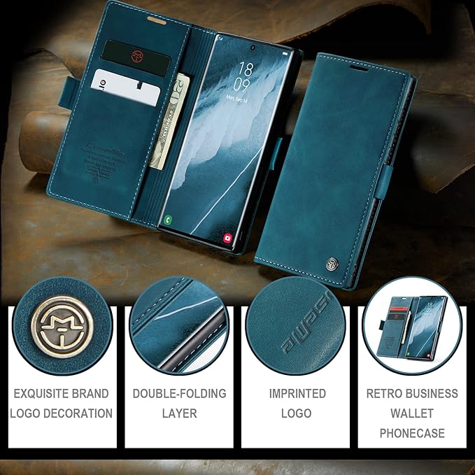 for Samsung Galaxy S22 Ultra Case, Flip Wallet Leather Case with Card Holder Magnetic Closure Shockproof Kickstand Protective Phone Cases Cover for Samsung S22 Ultra,Blue-Green