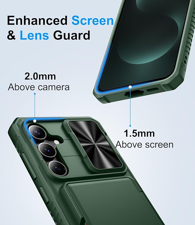for Samsung Galaxy S25 FE Wallet Case, Credit Card Holder (4-5 Cards), Slide Lens Cover, Military Drop Protection, Rugged Heavy Duty Women Men Protective Phone Case for Galaxy S25 FE 6.7", Green
