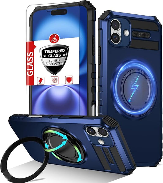 for iPhone 16 Case Compatible with MagSafe Magnetic,with 2 Tempered Glass Screen Protectors,Built-in 360°Kickstand Ring,Military Grade Drop Shockproof Heavy Duty Protection Phone Bumper Blue