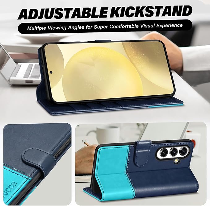 TUCCH Wallet Case for Galaxy S25 5G, Magnetic PU Leather Kickstand [RFID Blocking] Card Slot Folio Cover with [TPU Shockproof Inner Shell] Compatible with Galaxy S25 6.2" 2025, Blue & Lake Blue