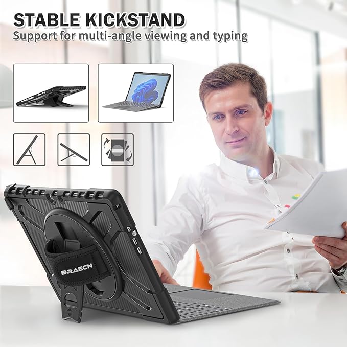 BRAECNstock for Microsoft Surface Pro 8 Case 13 inch 2021 Shockproof Rugged Case for Surface Pro 8 with Rotating Hand Strap & Kickstand Built in Pen Holder Compatible with Type Cover Keyboard - Black