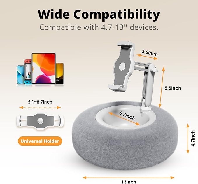 Tablet Pillow Stand for Reading, Adjustable Tablet Stand Phone Holder for Bed with Detachable Snack Bowl, Fits 4.7"-13" Kindle/Phones/Tablets, Watch Videos, Stream Media, Gray