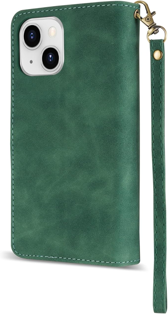 ZZXX for iPhone 14 Plus Case Wallet with [RFID Blocking] Card Slot Premium Soft PU Leather Zipper Flip Folio with Wrist Strap Kickstand Protective Cover for iPhone 14 Plus Wallet Case(Green-6.7 inch)