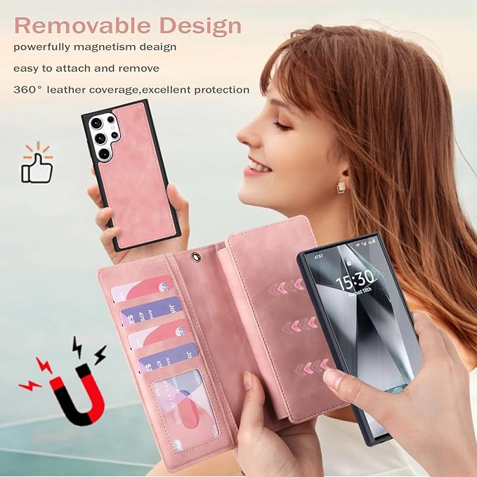 TwoHead Wallet Phone Case Compatible with Samsung Galaxy S24 Ultra | Card Holder, Detachable, Magnetic, PU Leather, All-Round Protective, Wrist Strap,Pink