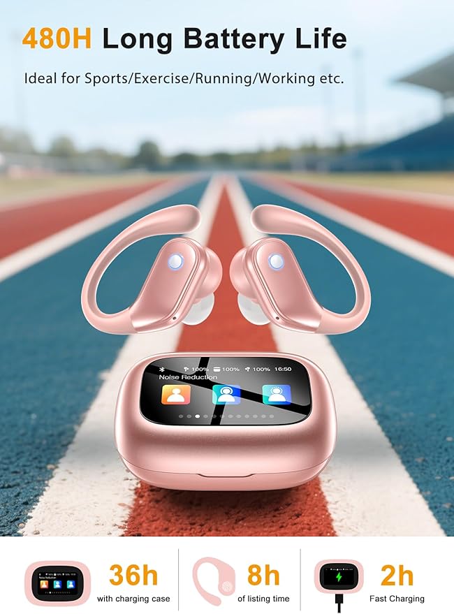 Wireless Earbuds, ENC Noise Cancelling Sport Ear Buds with Multifunctional Touch Screen, IPX7 Waterproof Bass Stereo Sound Earphone for Workout/Running, Rose Gold