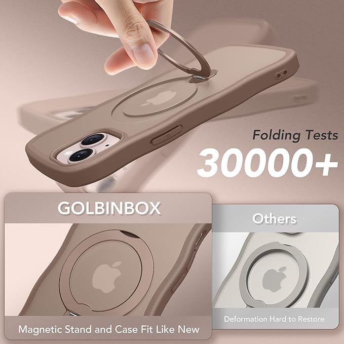 for iPhone 13 Case & iPhone 14 Case for Women,[Compatible with Magsafe][360° Spin Magnetic Stand][Cute Wave Edge][Military-Grade Protection]Translucent Matte Phone case for iPhone 13/14, Brown