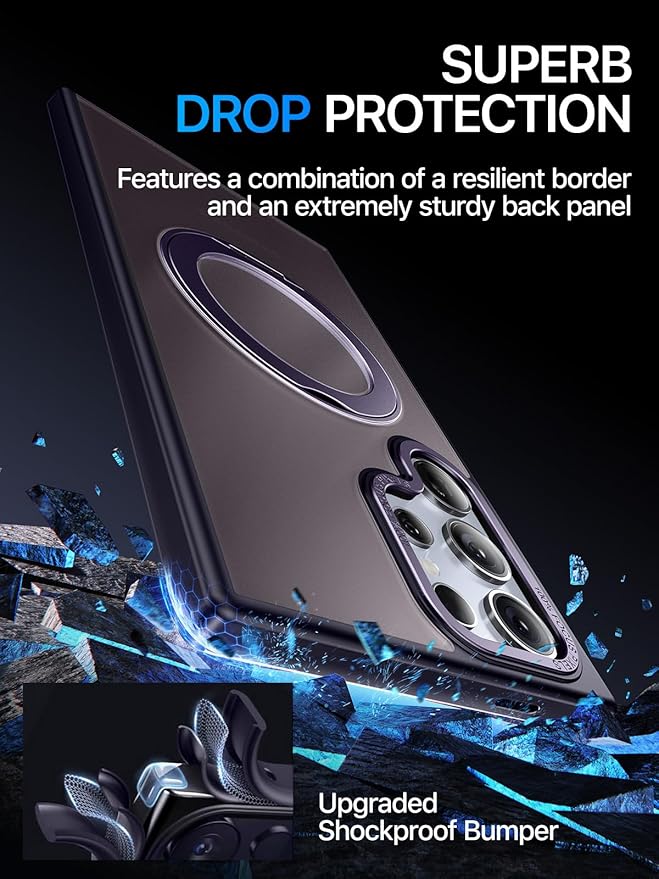 QTlier Phone case for Galaxy S24 Ultra& S25 Ultra- 360 Rotatable Magnetic Ring Stand, Military-Grade Protection, Raised Camera Frame (Purple, S24 Ultra)