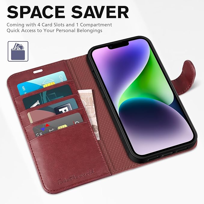 TUCCH Case Wallet for iPhone 14, [RFID Blocking] PU Leather Stand Folio Cover with 4 Card Slots [TPU Protective Interior Shell], Magnetic Flip Case Compatible with iPhone 14 5G 6.1-inch, Dark Red