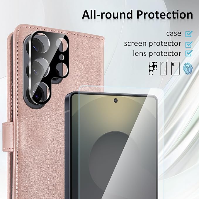MONASAY Wallet Case Fit for Samsung Galaxy S25 Ultra 6.9 inch, [Lens & Glass Screen Protector Included] [RFID Blocking] Flip Folio Leather Cell Phone Cover with Credit Card Holder, Rosegold